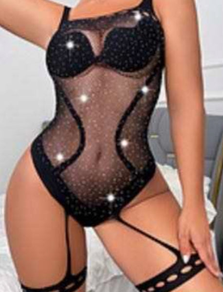 Bedazzled Fishnet Romper with Attached Garters