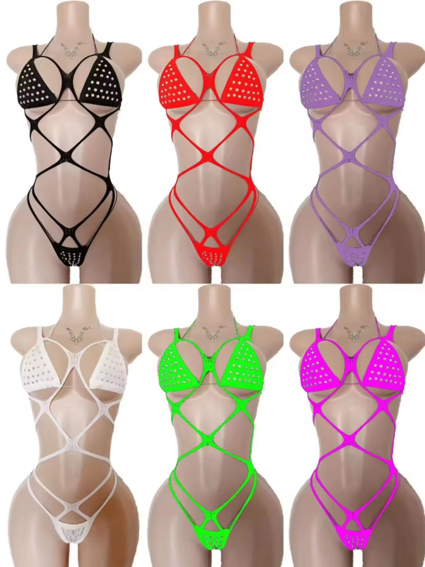Rhinestone Bikini Thong Set w/Cage Teddy