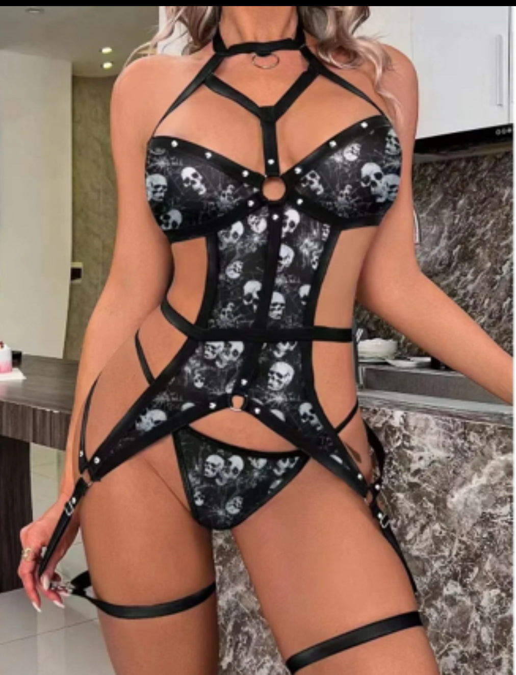Cage Teddy Garter Set - Skulls