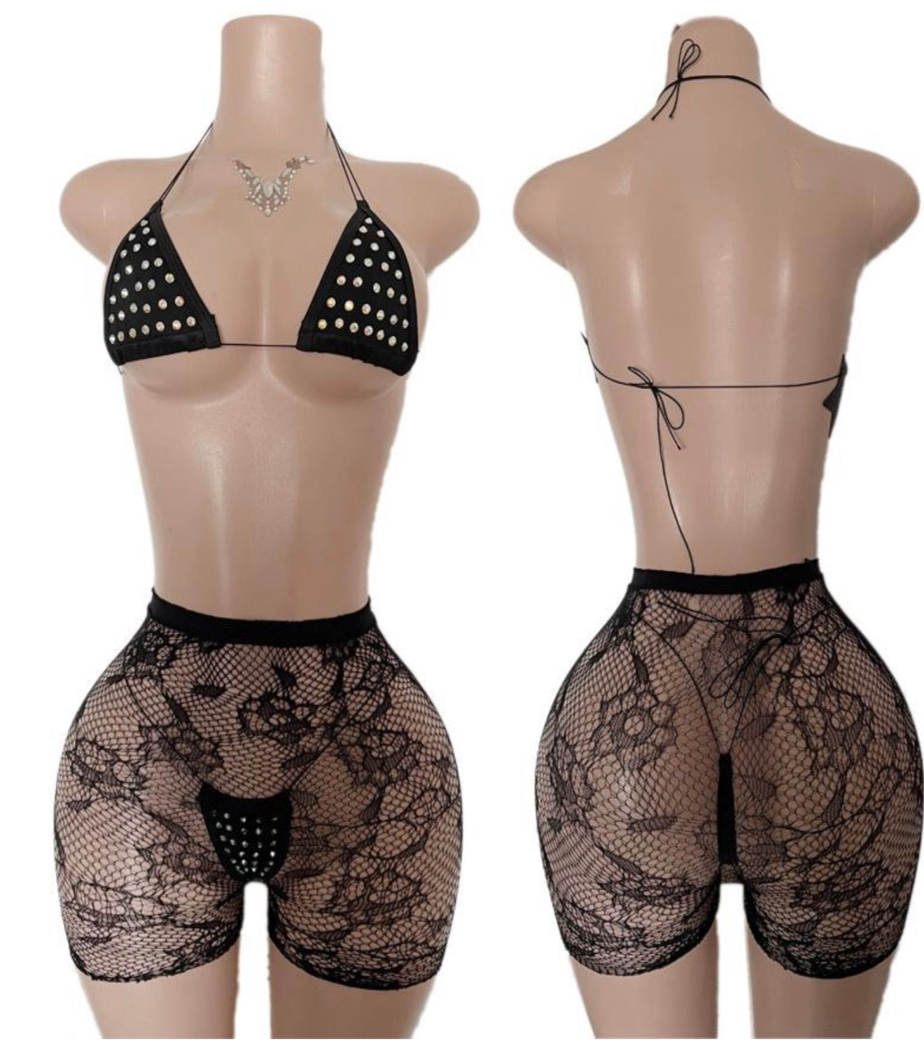Rhinestone Cord Thong Set w/Floral Net shorts