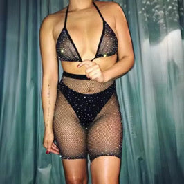 Rhinestone Fishnet Short Set