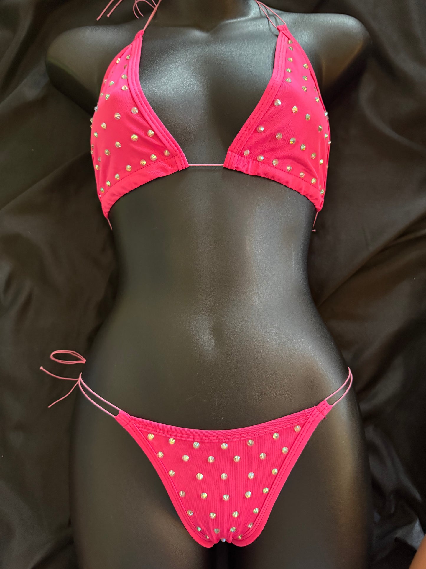 Rhinestone Halter Top Cord Thong Set