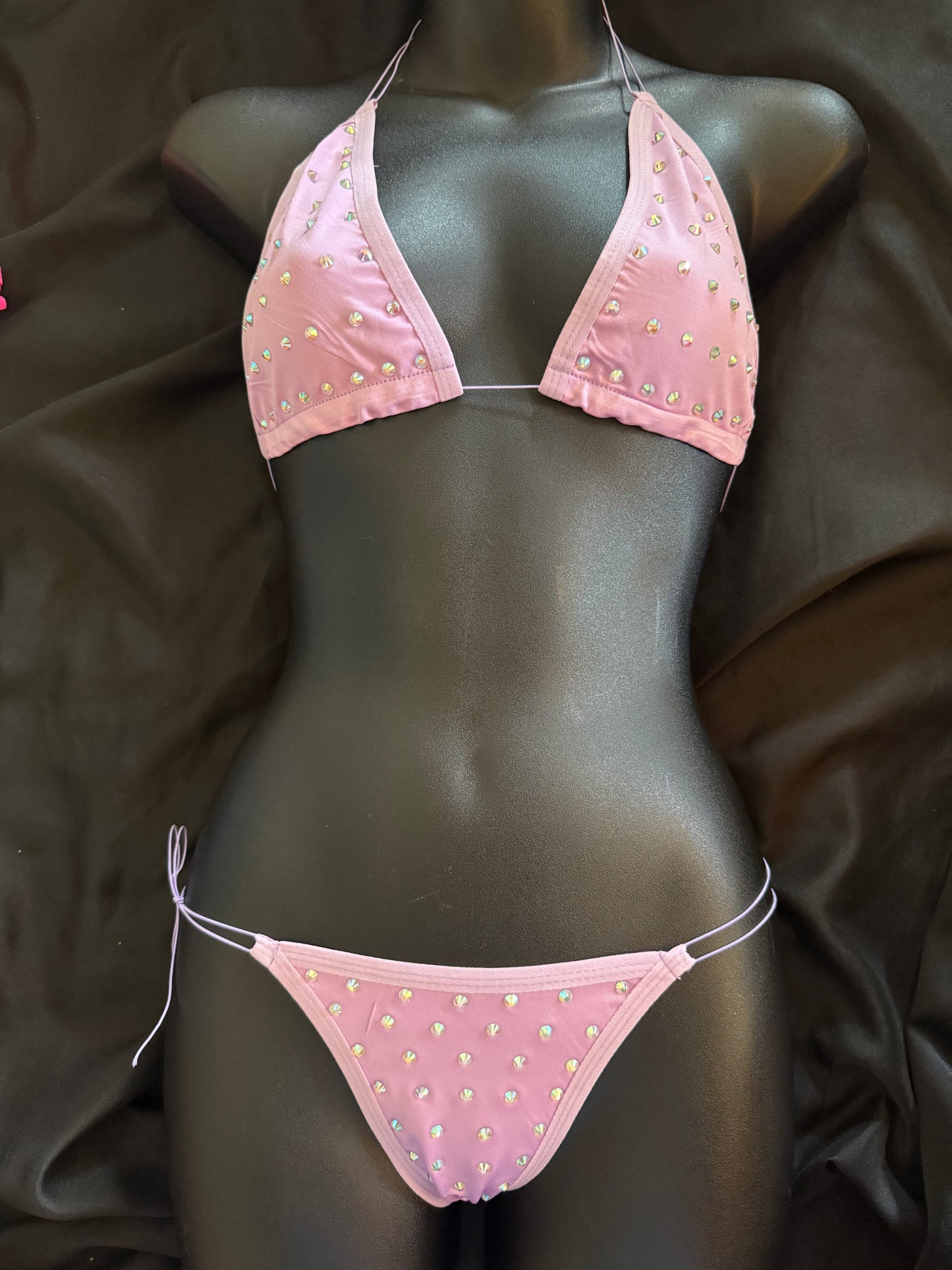 Rhinestone Halter Top Cord Thong Set