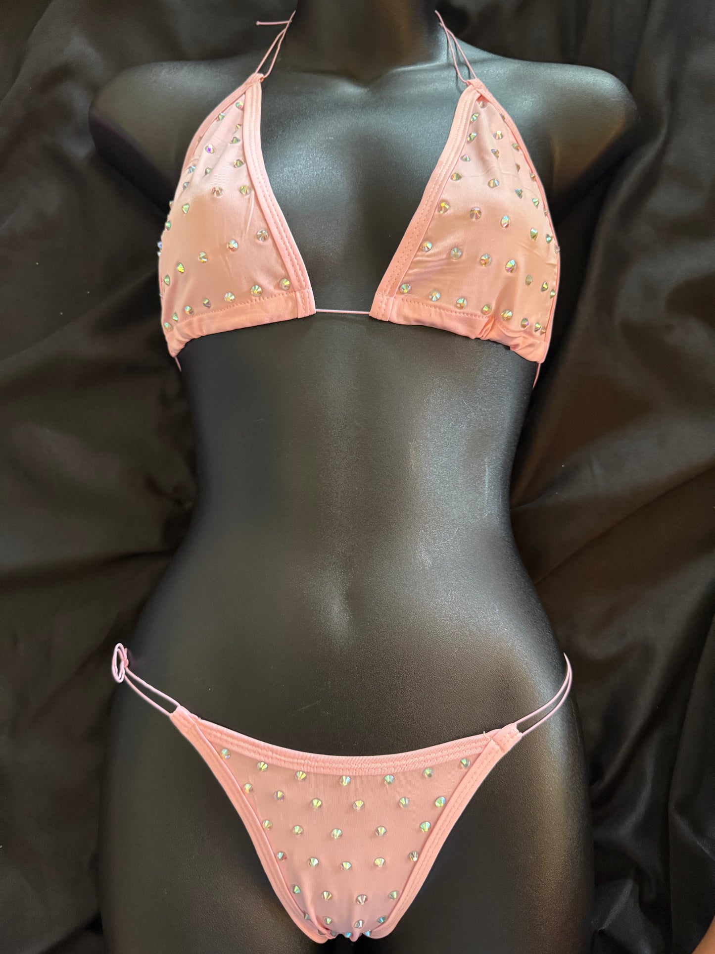 Rhinestone Halter Top Cord Thong Set