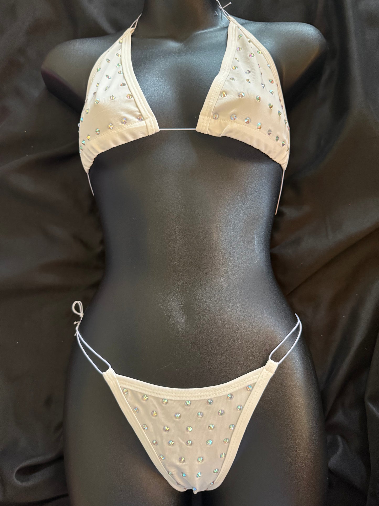 Rhinestone Halter Top Cord Thong Set