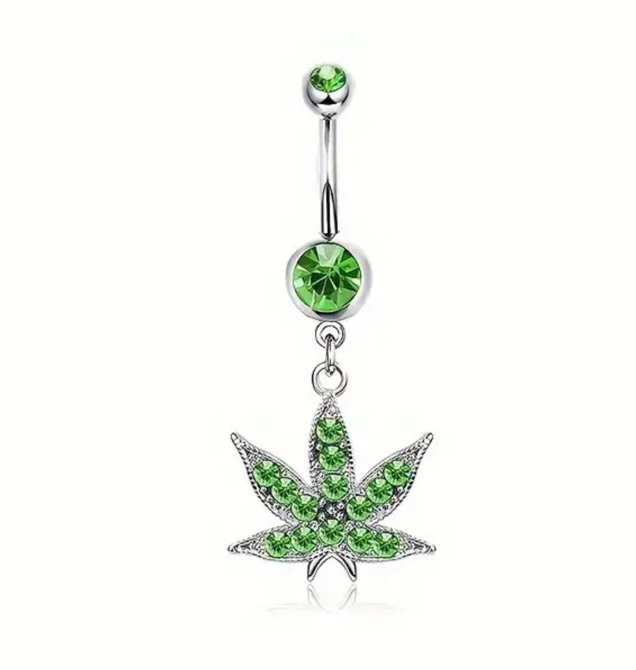 Green Rhinestone Leaf Dangle Belly Ring