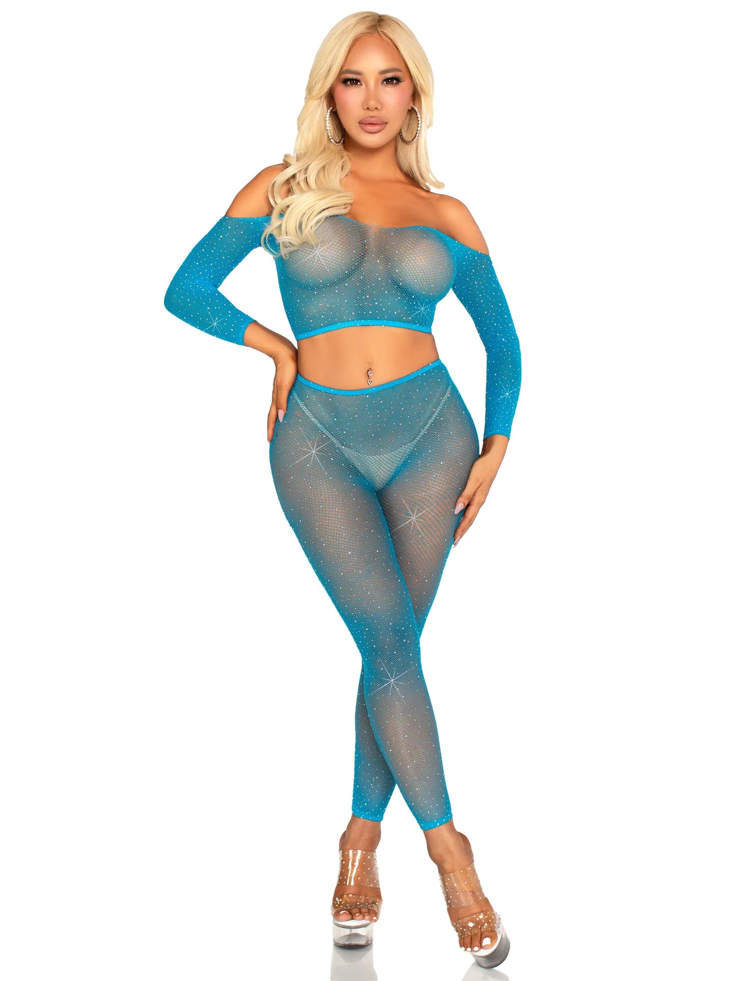 Woman wearing a blue fishnet outfit on a white background
