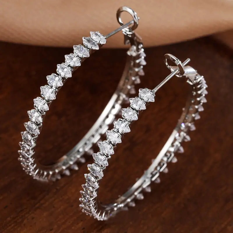 Luxury Full Circle Rhinestone Hoop Silver Color Earrings-The Edge OK