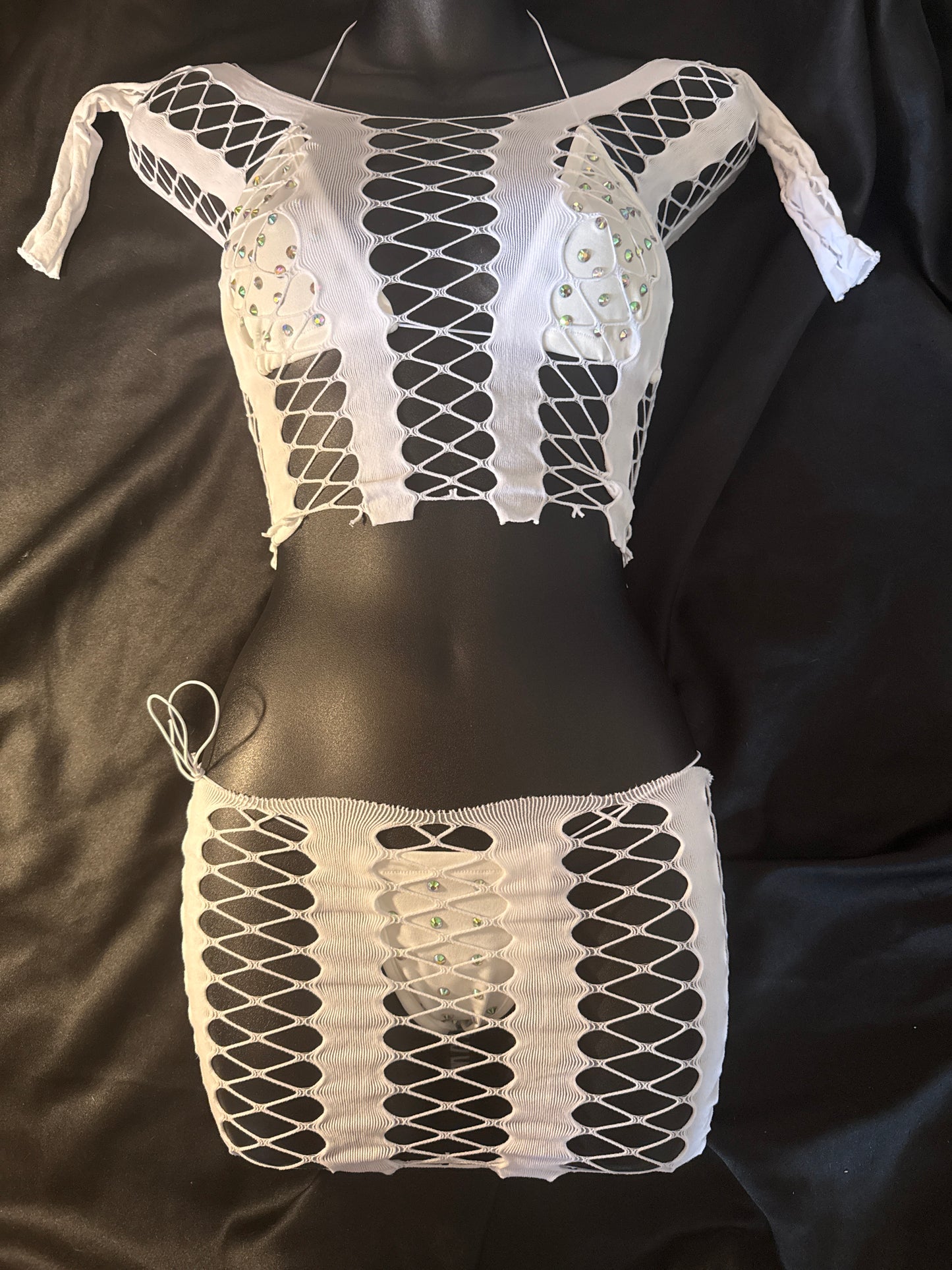 Fishnet Top, Skirt and Rhinestone Thong Set