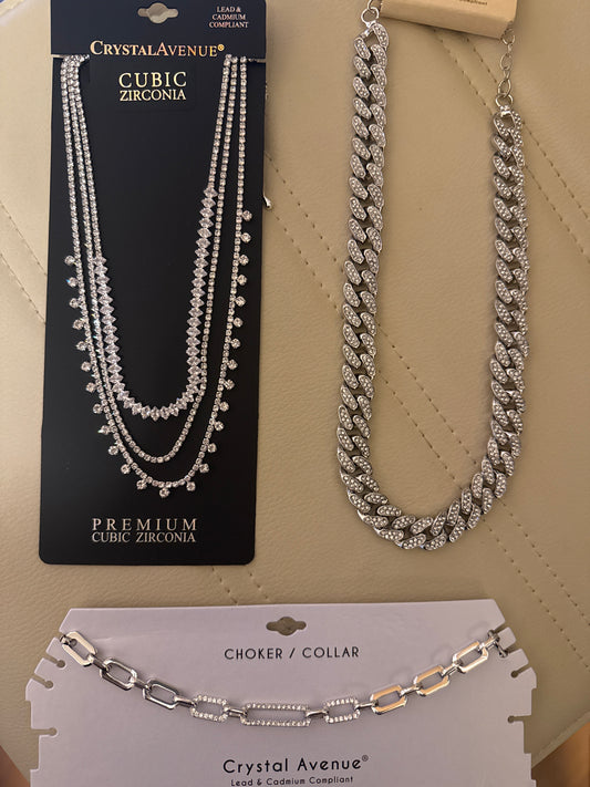 Silver Color Necklace w/Rhinestones