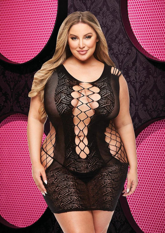 Lace and Fishnet Halter Dress - Black/Queen