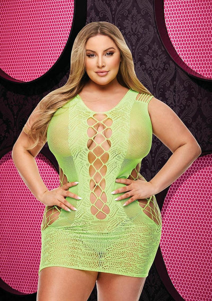 Lace and Fishnet Halter Dress - Neon Green/Queen