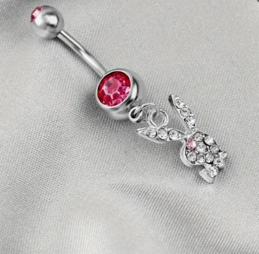 Pink Jewel Rhinestone Bunny Belly Ring