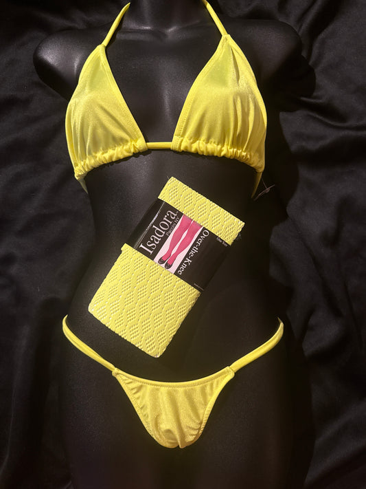 Neon Yellow Thong Set w/Stockings