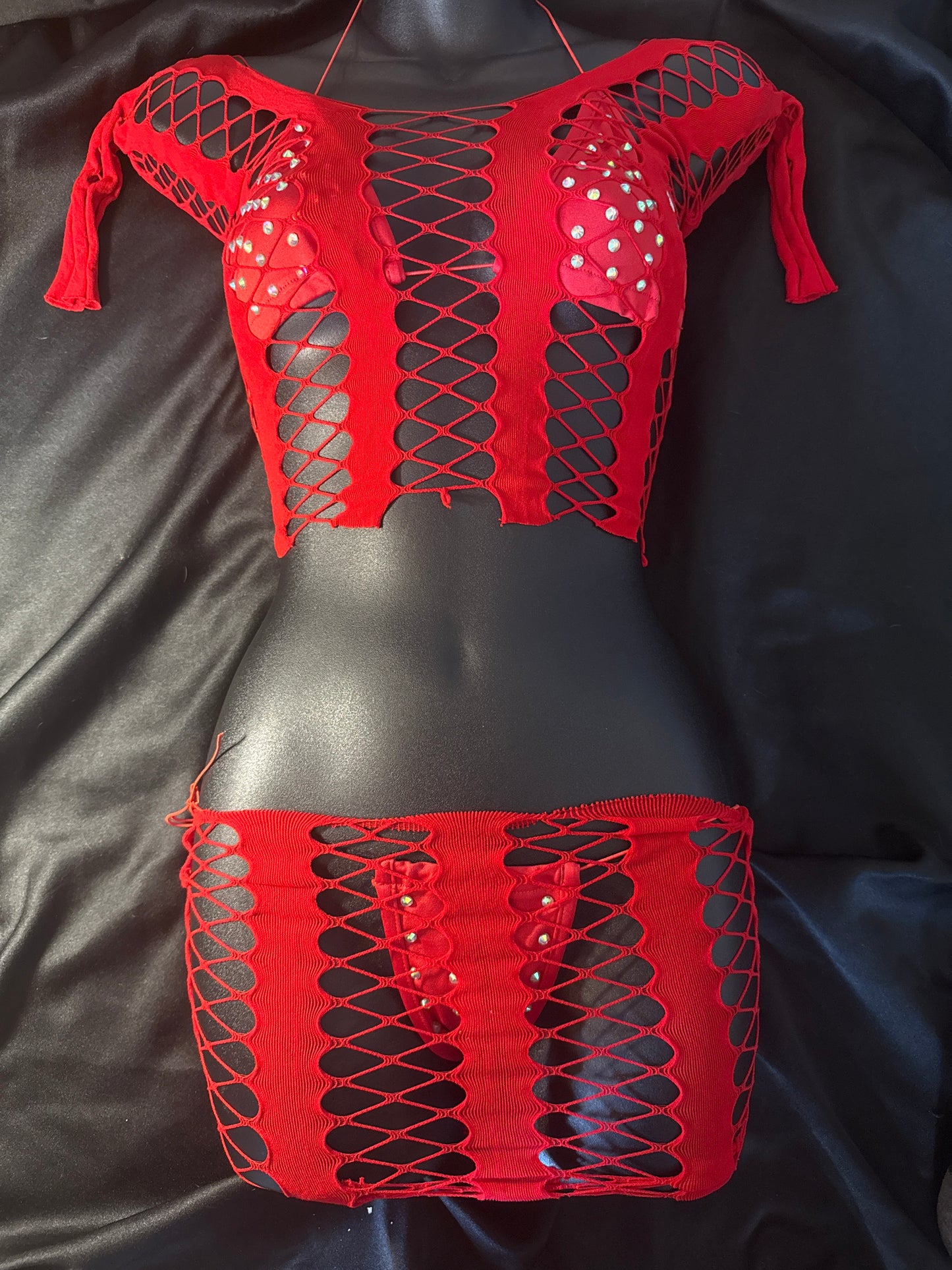 Fishnet Top, Skirt and Rhinestone Thong Set