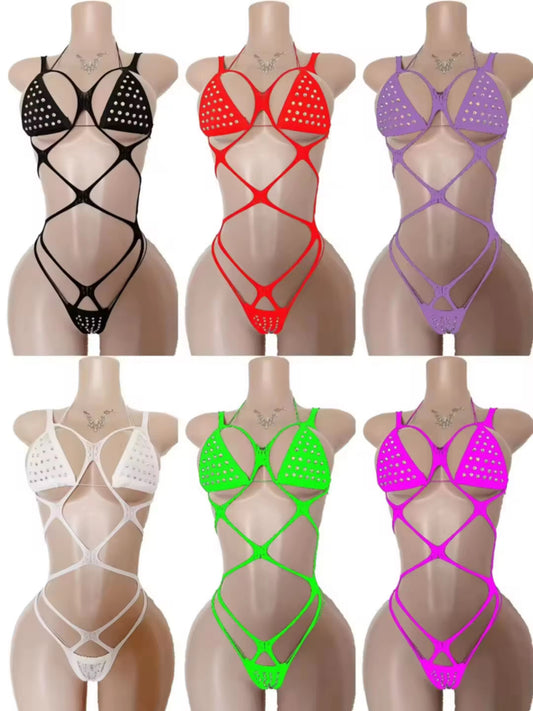Rhinestone Bikini Thong Set w/Cage Teddy
