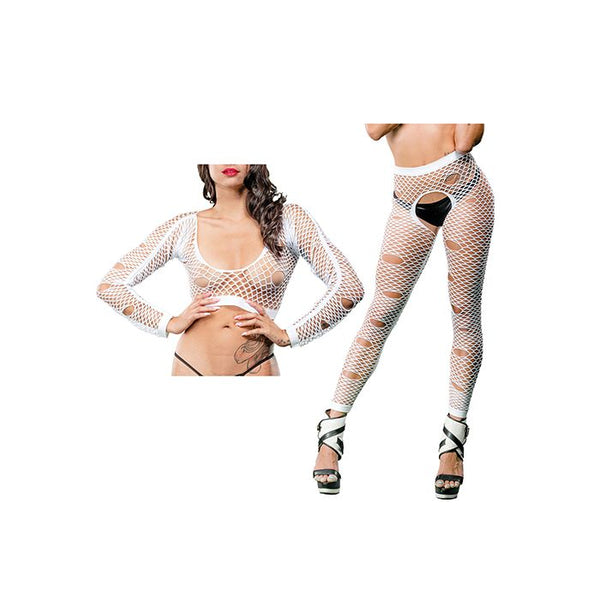 Beverly Hills Naughty Girl Crotchless Mixed Hole Leggings White-The Edge OK