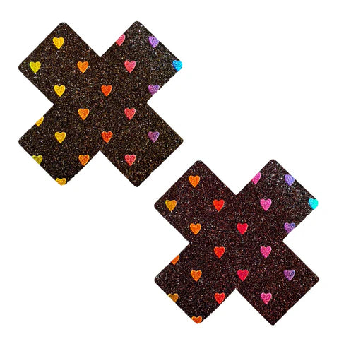 Black Rainbow Sheep Holographic Heart Glitter X Factor Nipple Cover Pasties