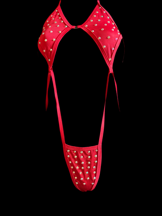 Red Cutout Monokini with Rhinestones