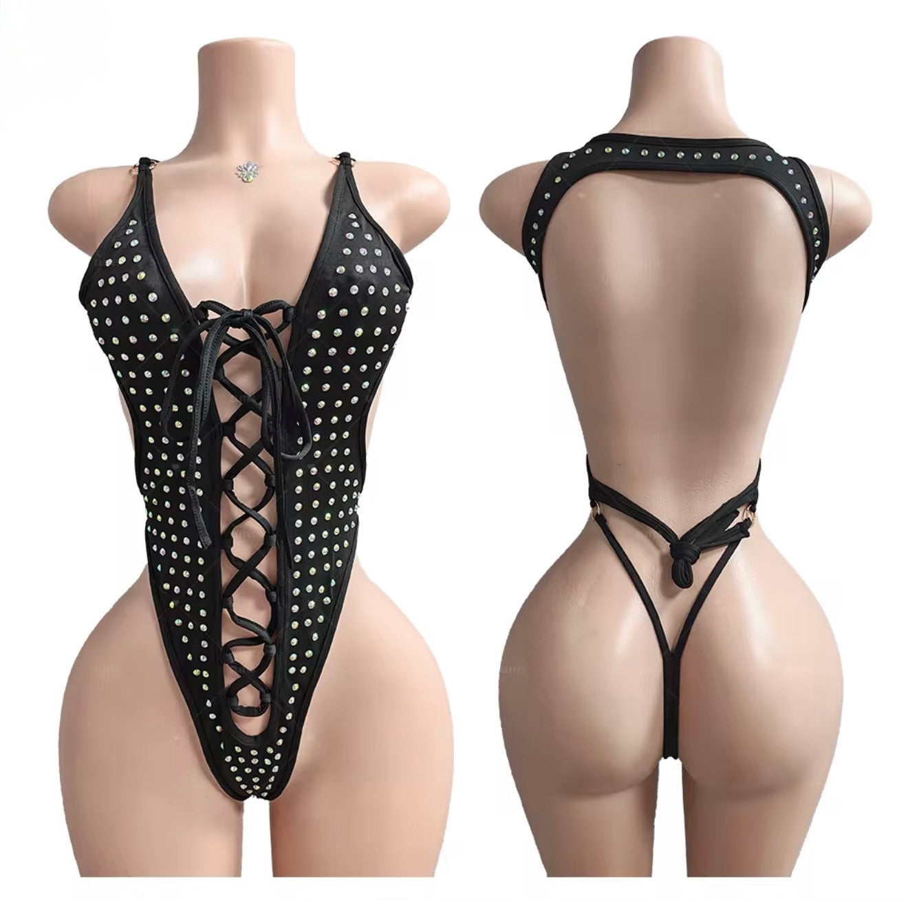 Lace up Bedazzled Thong Romper