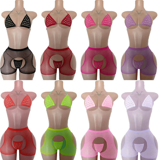 Rhinestone Thong Set w/Fishnet Chap Short
