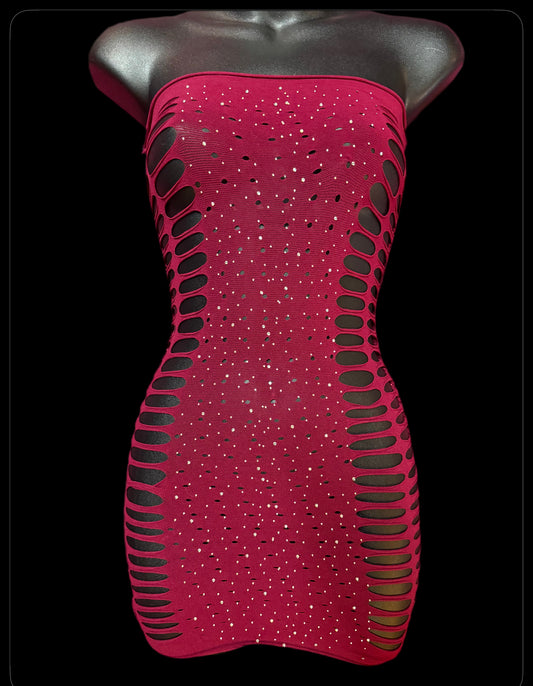 Pothole Mesh Strapless Dress w/Rhinestones