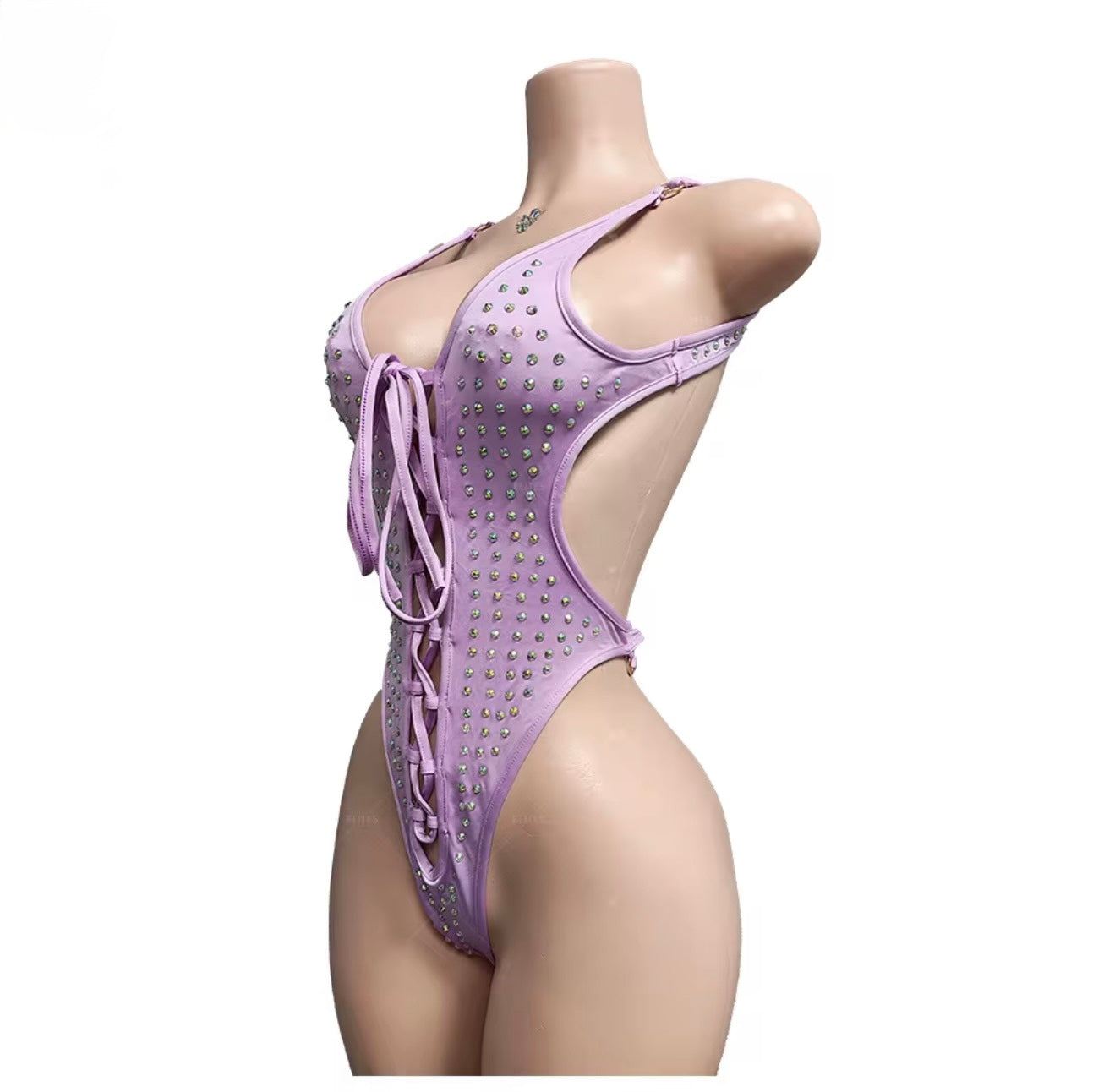 Lace up Bedazzled Thong Romper