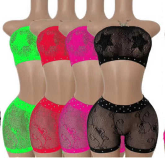 Fishnet Bandeau / Short Set with Rhinestone Trim