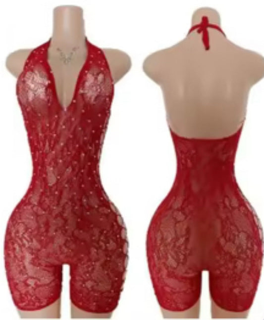Lace Short Romper with Rhinestones