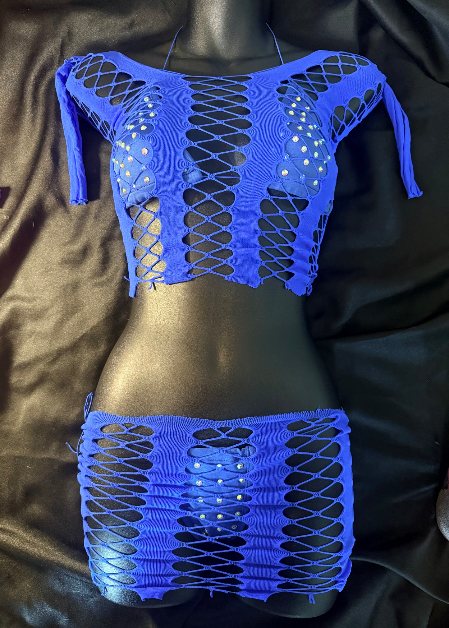 Fishnet Top, Skirt and Rhinestone Thong Set