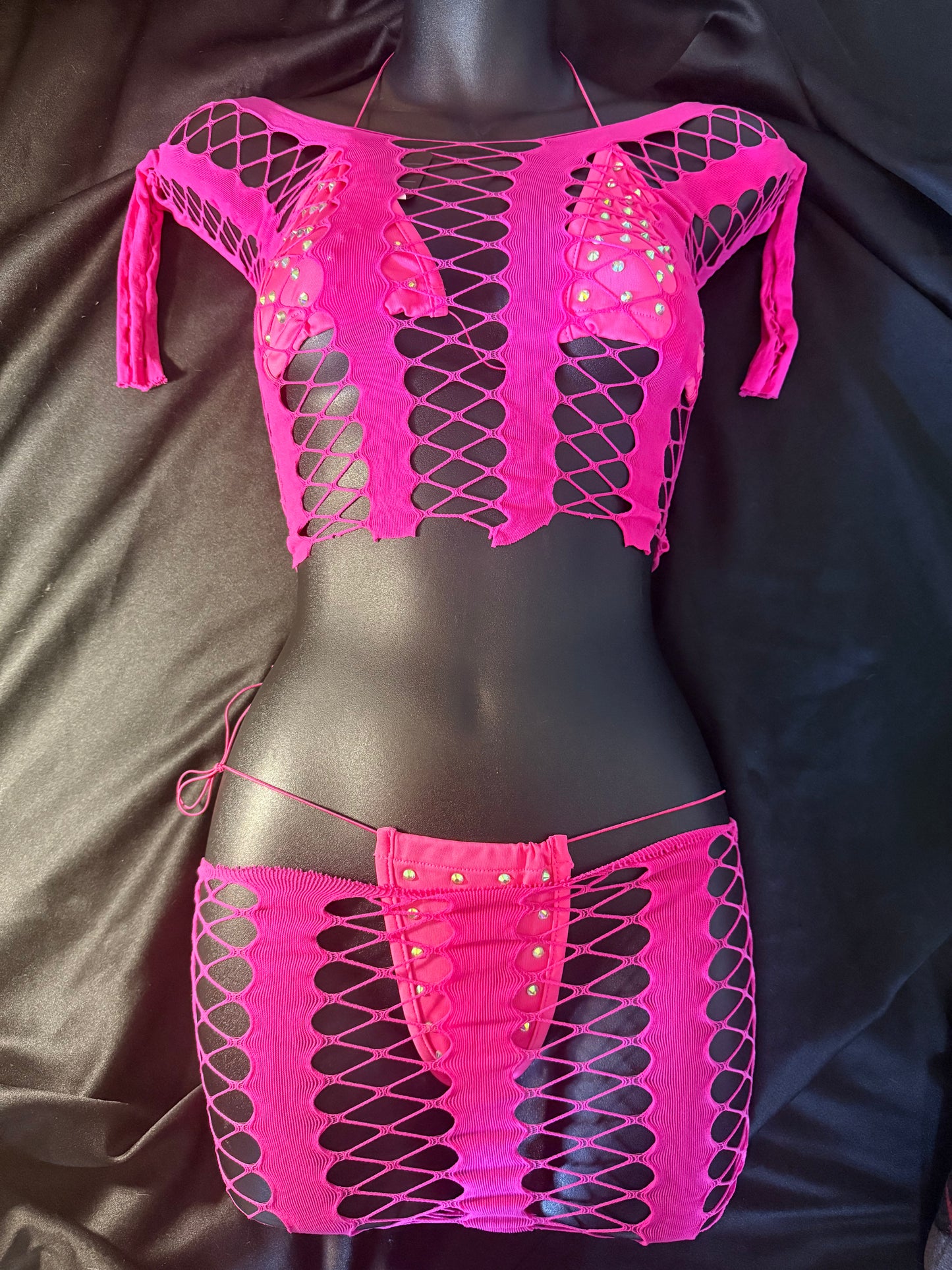 Fishnet Top, Skirt and Rhinestone Thong Set