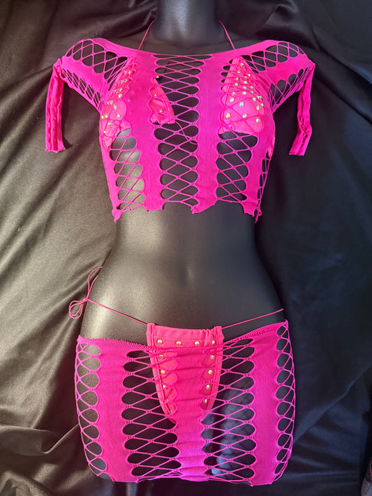 Fishnet Top, Skirt and Rhinestone Thong Set