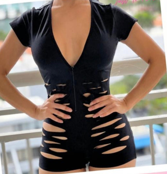 670 Slit Zip Up Romper-The Edge OK