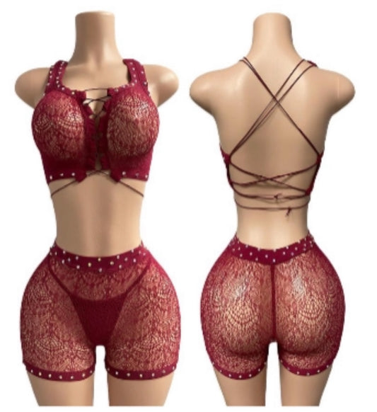 3 Piece Crimson Strappy Back Crop Top Bike Short Set-The Edge OK