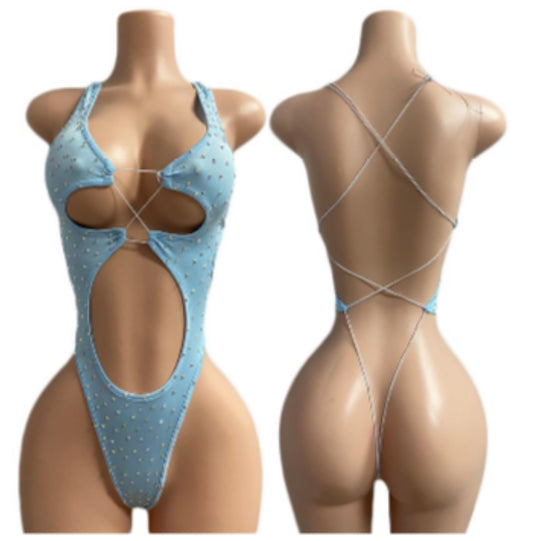 Backless Cord Strap Rhinestone Romper