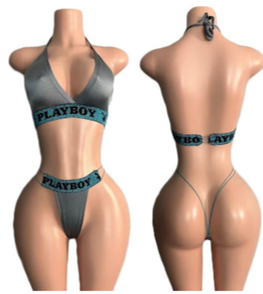 Grey Playboy Thong Set w/Cord Straps