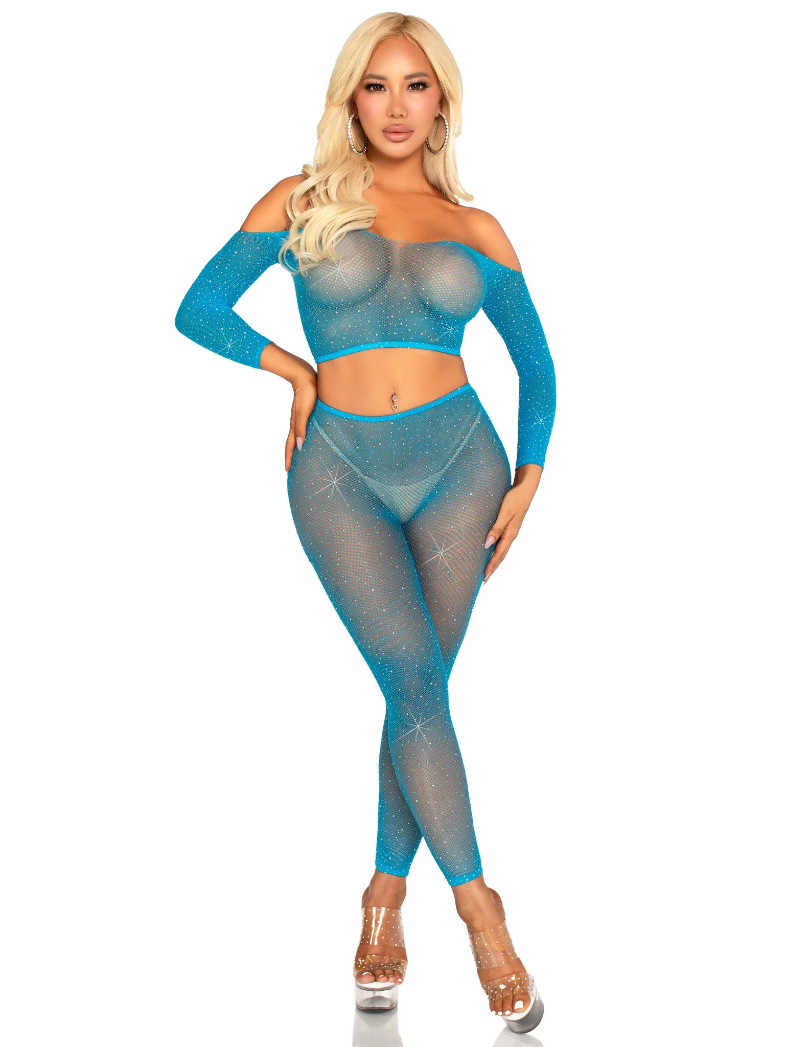 Woman wearing a blue fishnet outfit on a white background
