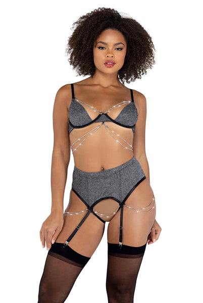 LI465 2 Piece Sparkle Diamond Crotchless Set
