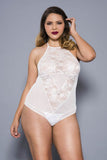 80057Q Plus size halter neck lace teddy with sheer panels