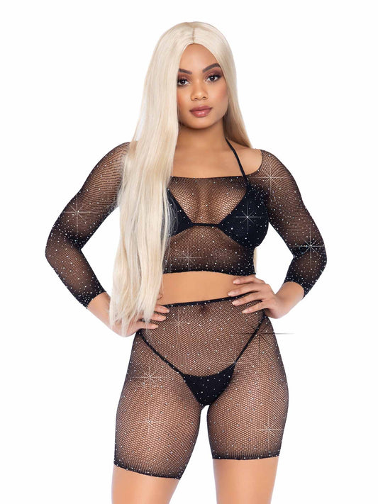81608 2pc Fishnet Crop Top and Biker Short Set-The Edge OK