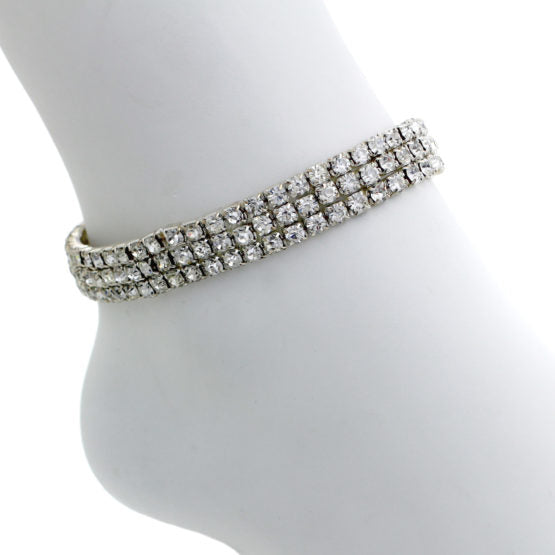 8323 3 Row Silver Rhinestone Stretch Anklet-The Edge OK