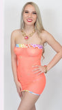 Coral Mesh Net Tube Dress with Floral Trim and Matching Thong-The Edge OK