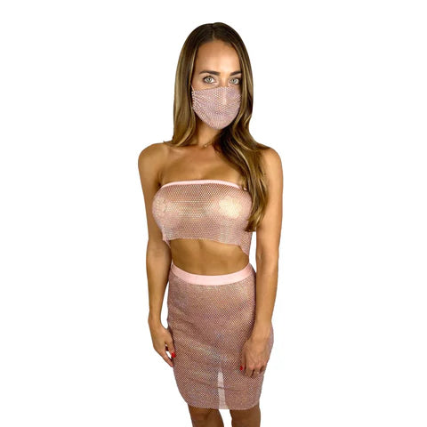 $$$ Honey Rose Gold Pink Mesh Jewel Skirt