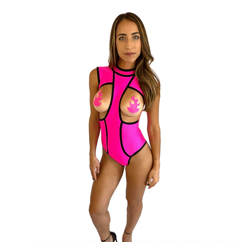 Neon Pink Blacklight Peepers Bodysuit w/Black Heart Pasties-The Edge OK