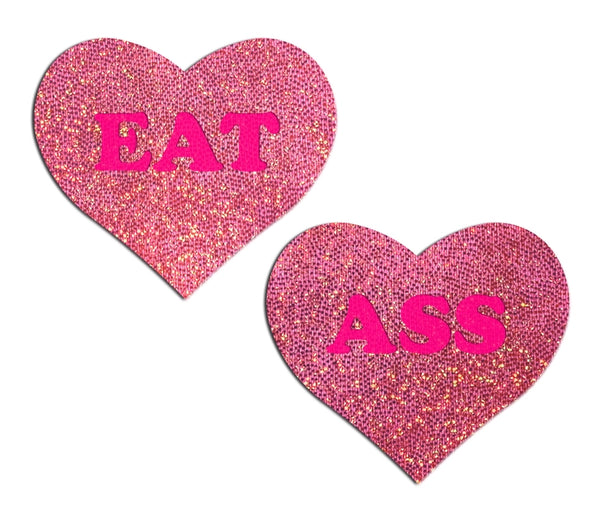 Pastease Love: Glitter Pink "Eat Ass" Heart Pasties-The Edge OK