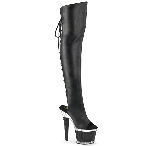 Pleaser Spectator 3019 Lace Up Thigh High Open Toe Boots-Black Matte/Black