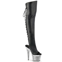 Pleaser Spectator 3019 Lace Up Thigh High Open Toe Boots-Matte Black/Chrome