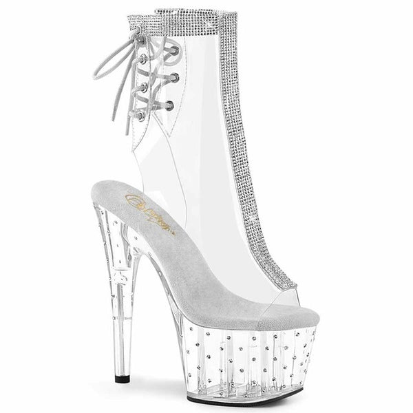 Pleaser Stardust 1018C-2RS, Clear Lace-up Ankle Boots with Rhinestones